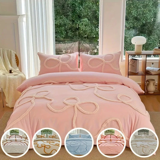 Elegant close-up of the Ultra Soft Microfiber Boho Bedding Set showcasing bow tufted design and soft texture.
