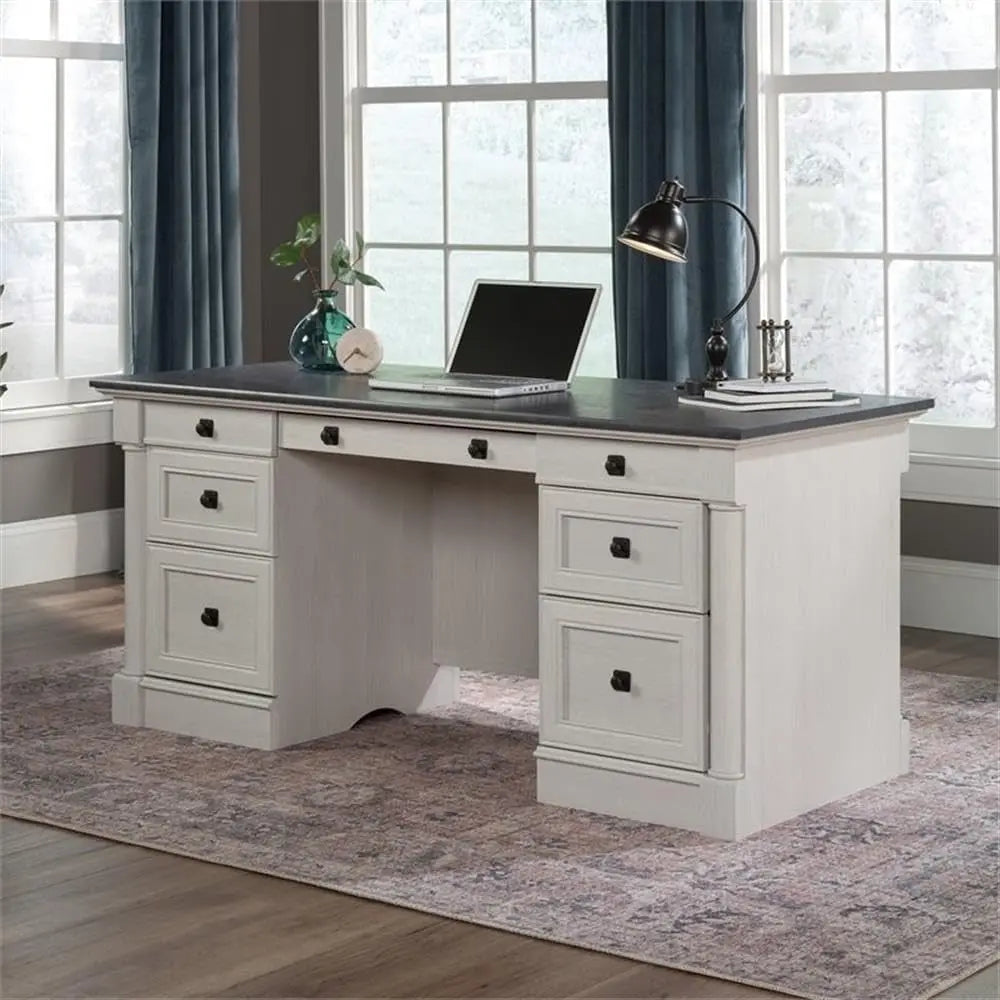 Executive Office Desk w/File Cabinet Storage in Glacier Oak