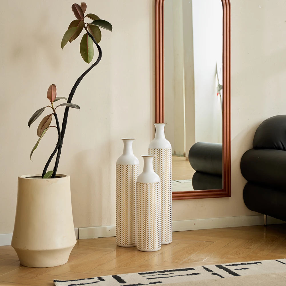 White Tall & Slender Metal Cylindrical Floor Vase~Set of 3