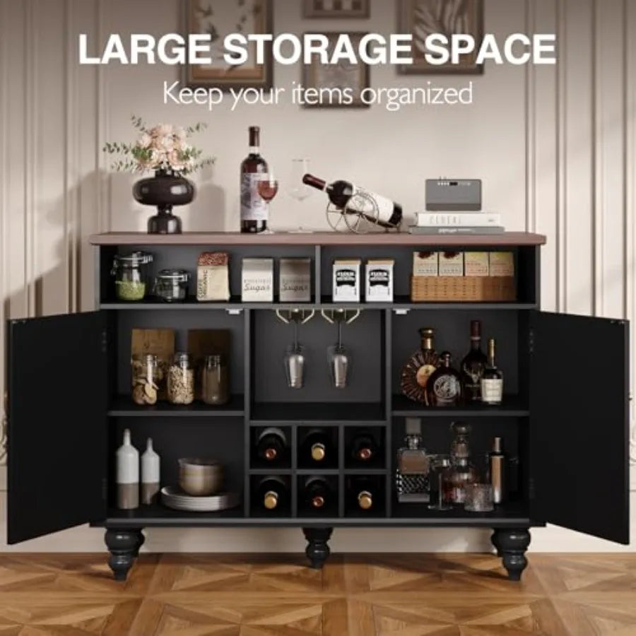 Vintage Style Black Wine Bar Cabinet w/Integrated Wine Rack and Glass Holder