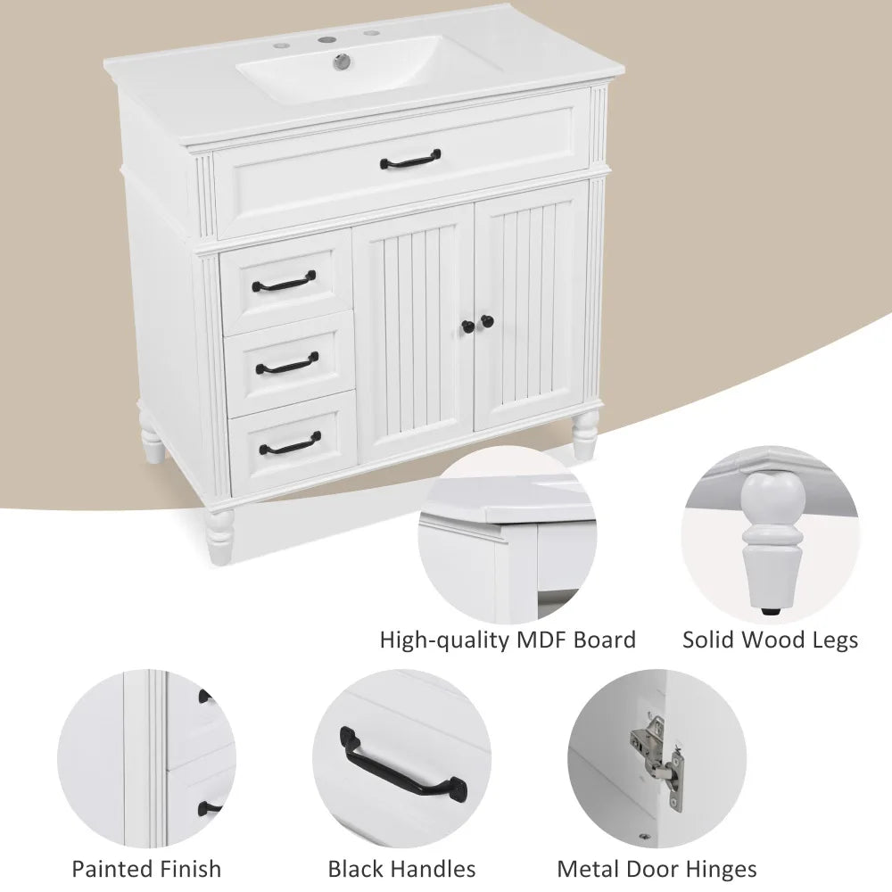 Freestanding 36" White Bathroom Vanity w/Ceramic Sink