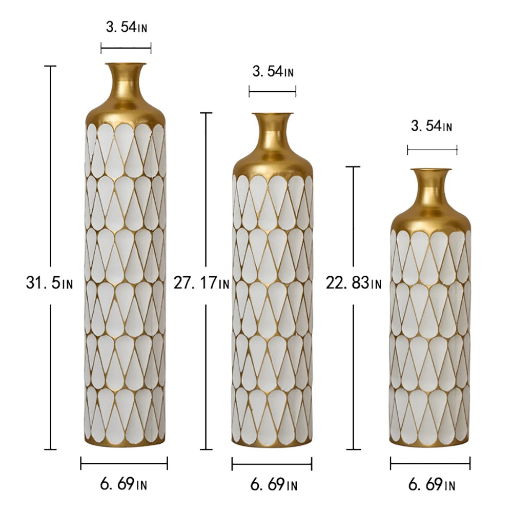 White Tall & Slender Metal Cylindrical Floor Vase~Set of 3