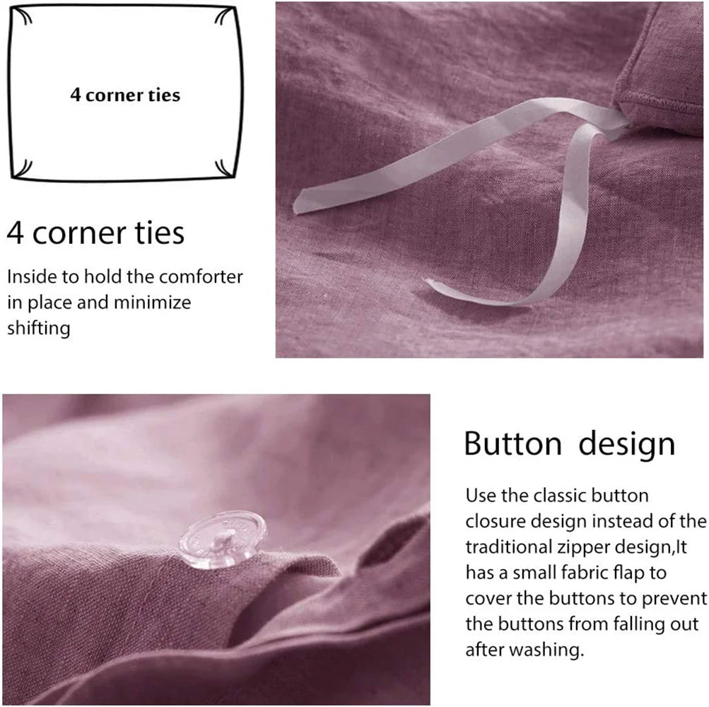 King & Queen Size 100% Linen Duvet Cover Bedding Set w/2 Pillow Shams