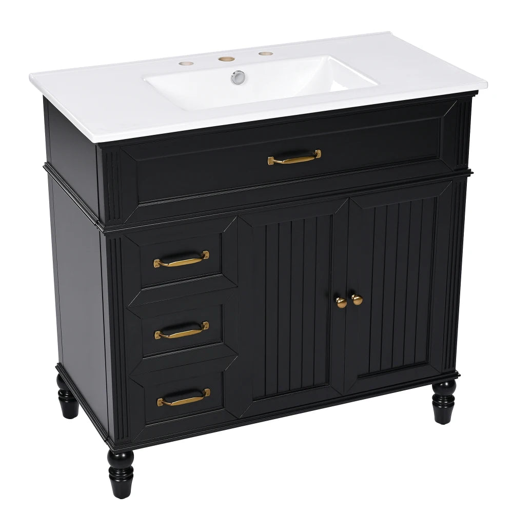 Freestanding 36" Black Bathroom Vanity w/Retro Gold Handles & Ceramic Sink
