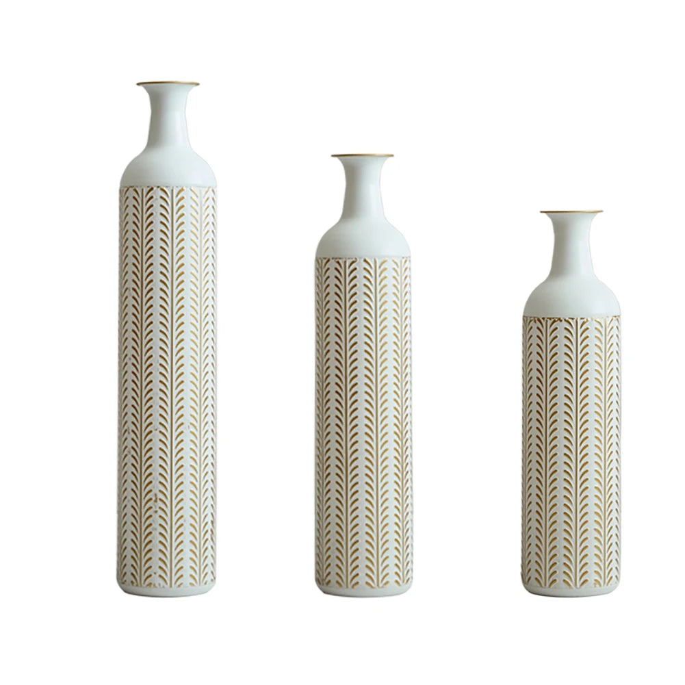 White Tall & Slender Metal Cylindrical Floor Vase~Set of 3