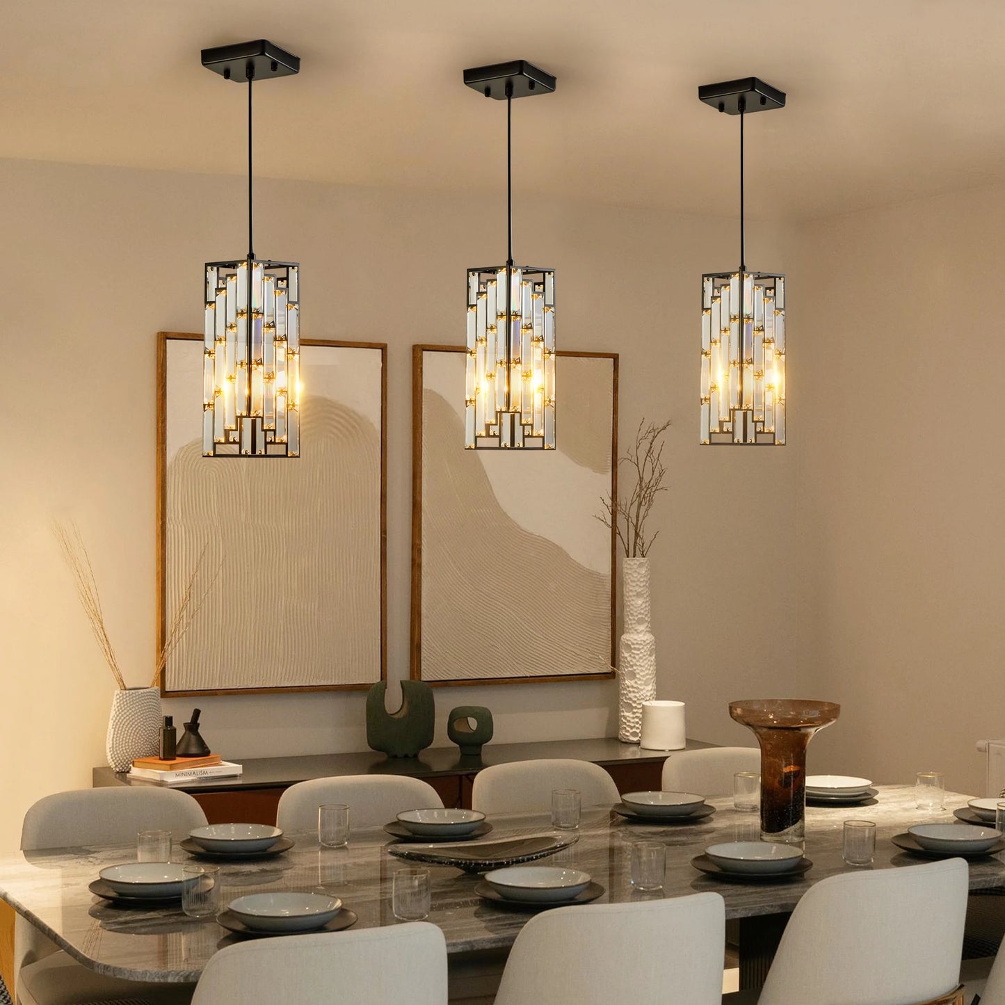 Modern Black Finish Crystal Pendant Light- Pack of 3
