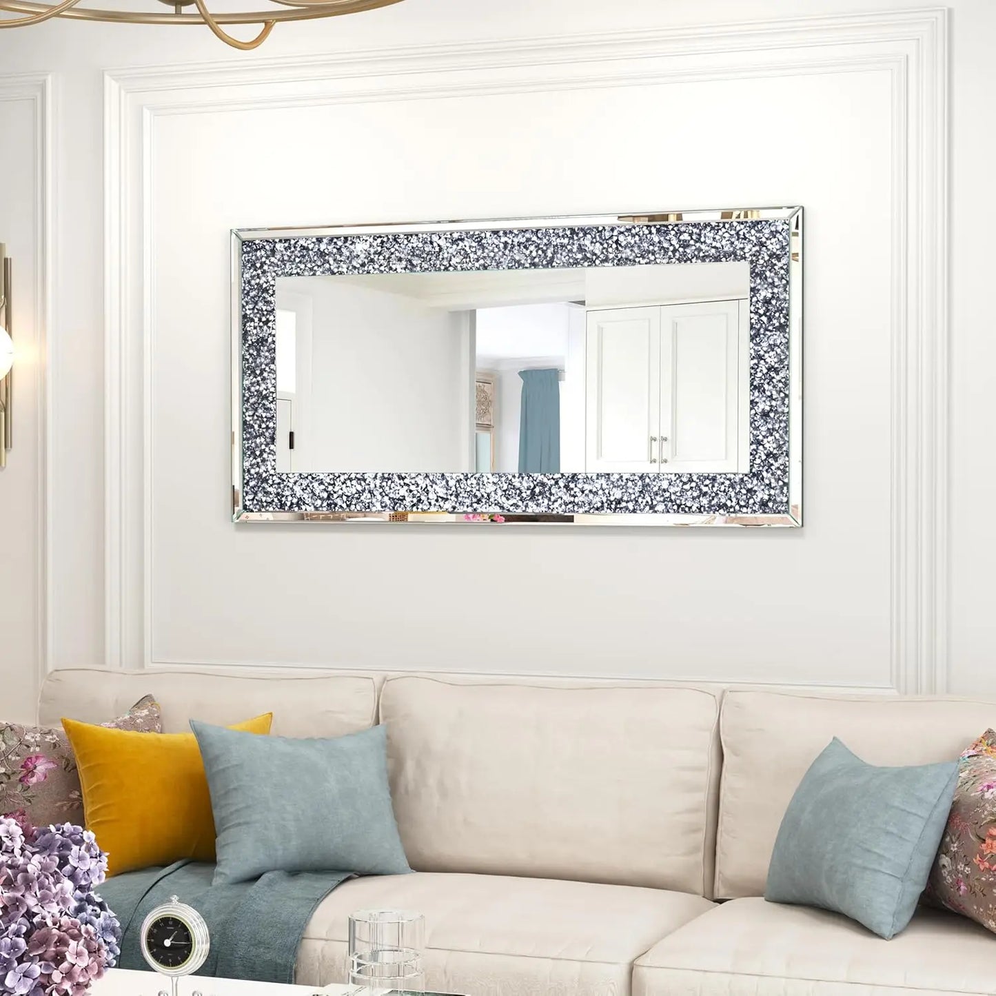 Modern Rectangular Crystal Crush Diamond Wall Mirror