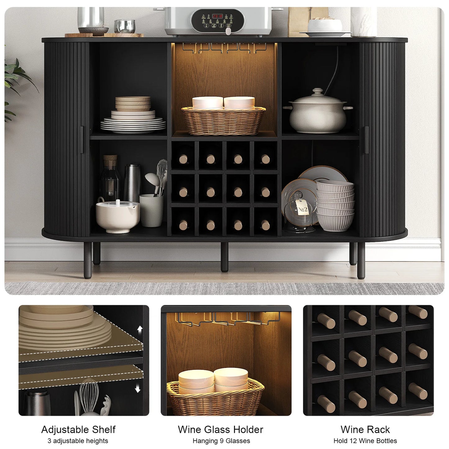 Spacious Wine Bar Cabinet/Coffee Bar Cabinet w/RGB Lights
