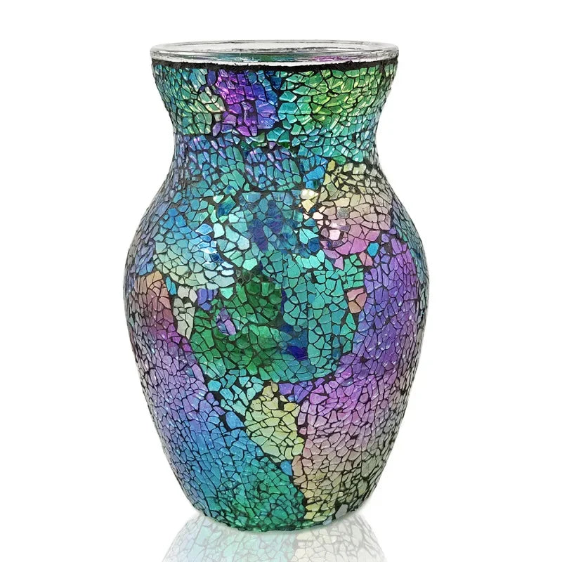 The 8" Handcrafted Cracked Glass Flower Vase in a cozy home setting, demonstrating its versatility as a handcrafted glass vase for any occasion.