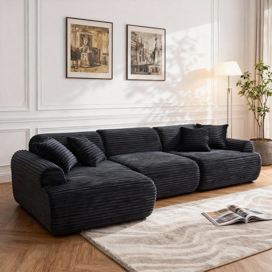 Side view of the L-Shaped Modular Sofa showcasing its deep seat design and luxurious corduroy fabric, perfect for comfort and elegance.