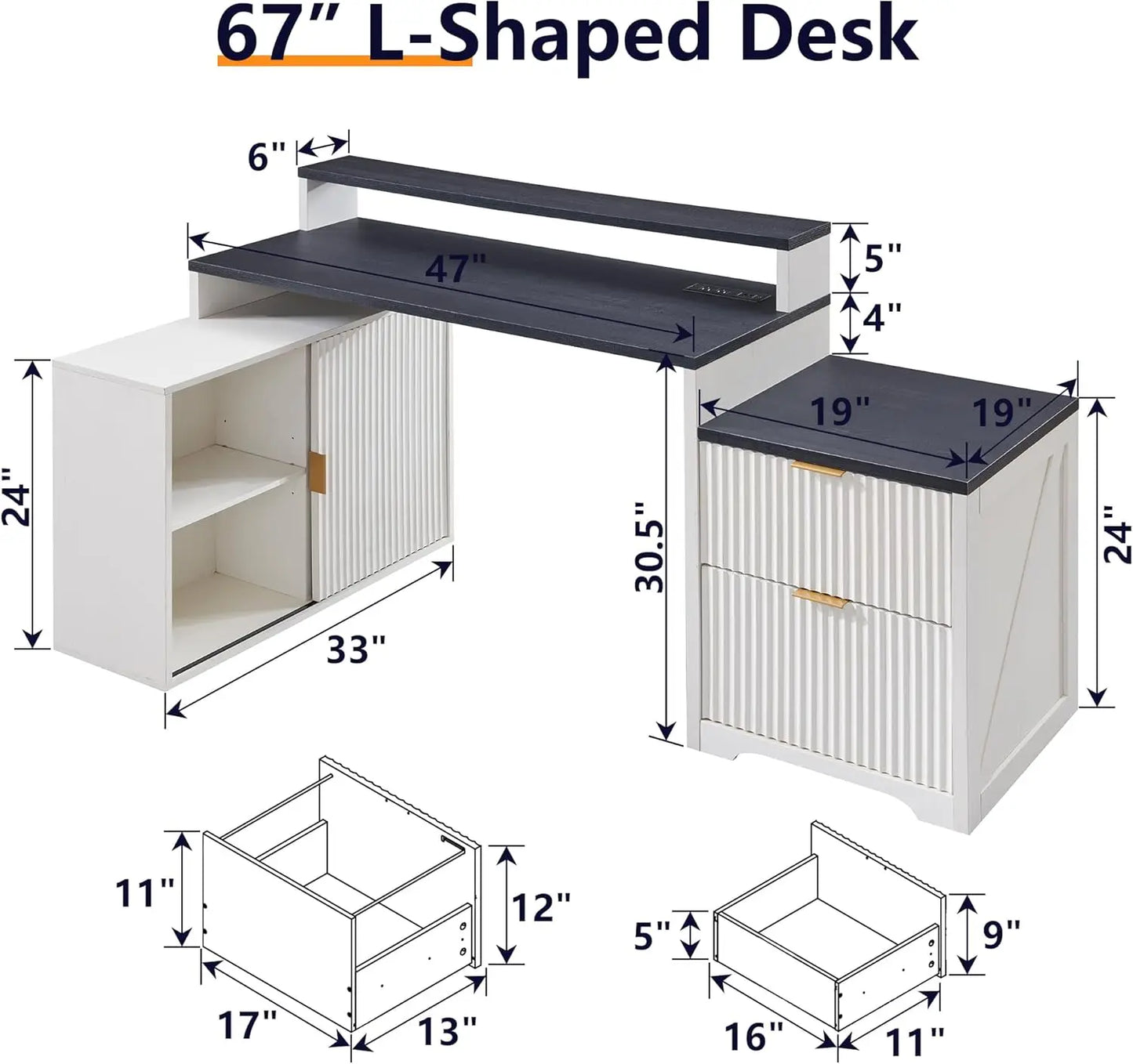 Modern L-shaped Fluted Credenza Desk w/Storage Cabinet & Drawers
