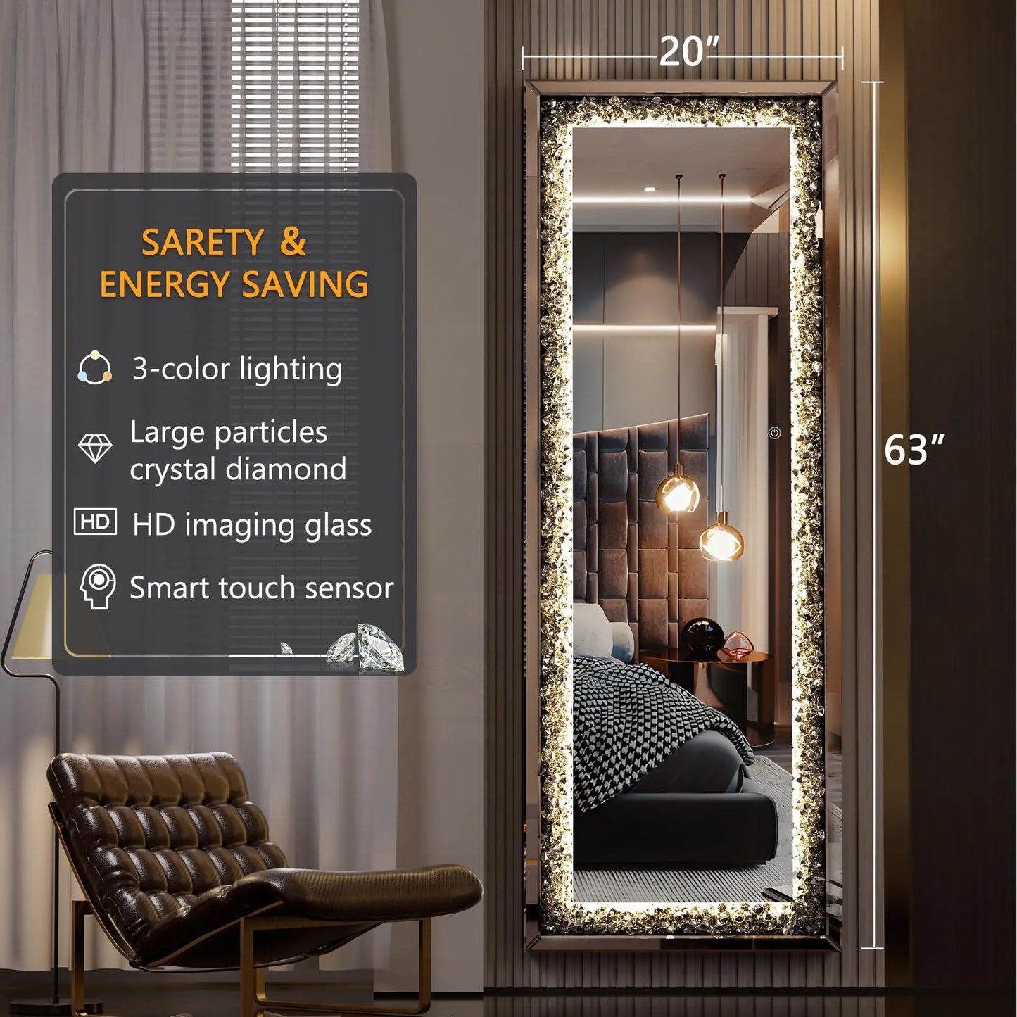 Elegant & Modern 63" Tall Full Length Frameless Diamond Mirror