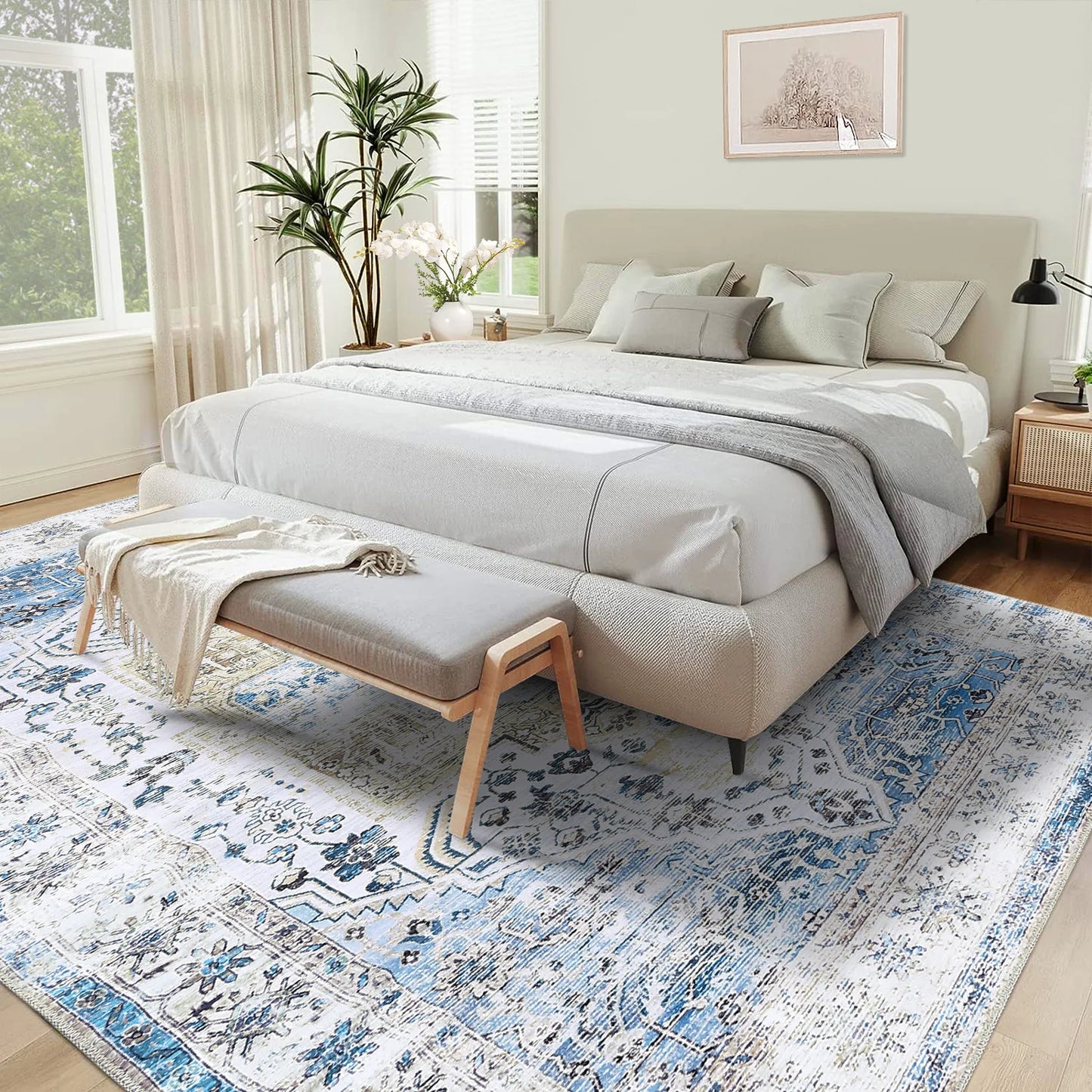 Exquisite Vintage Floral Design Chenille Blue Area Rug