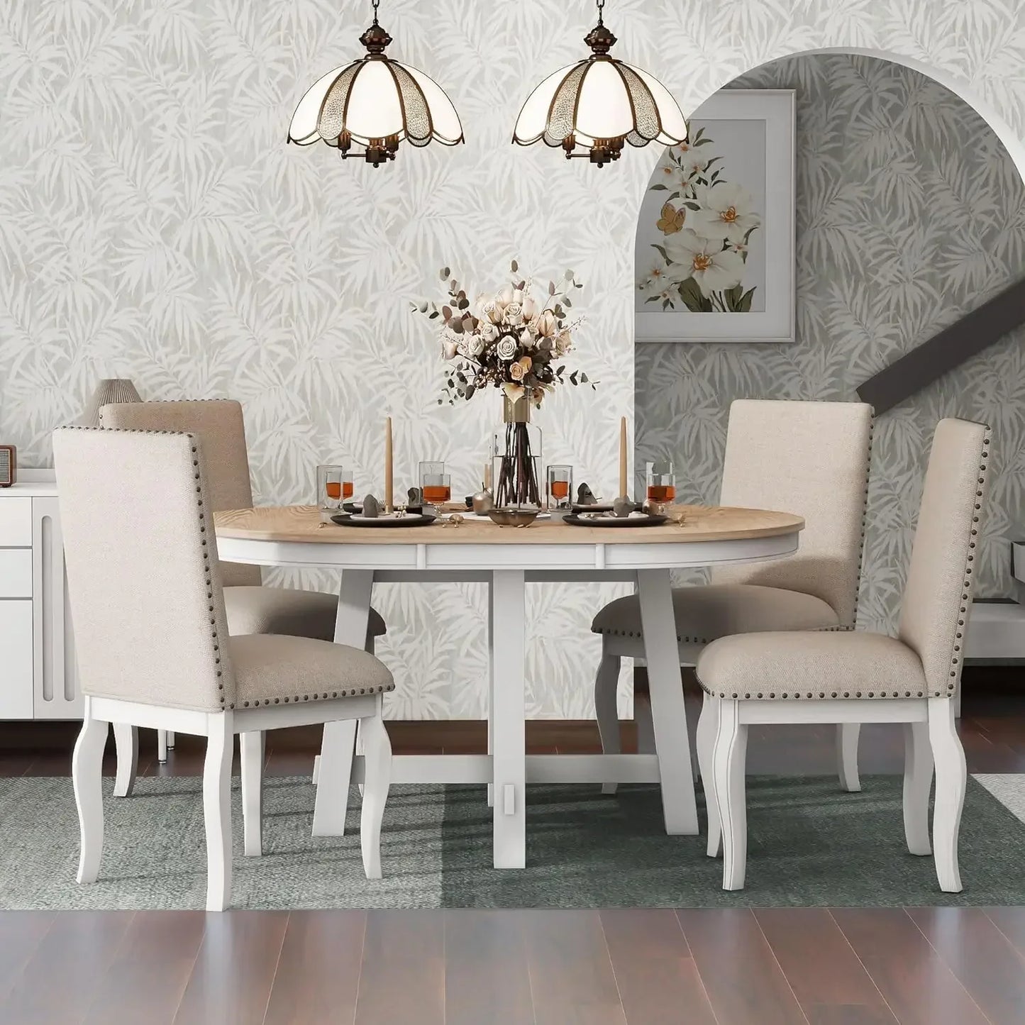 5-Piece Round Natural Wood Dining Table Set for 4