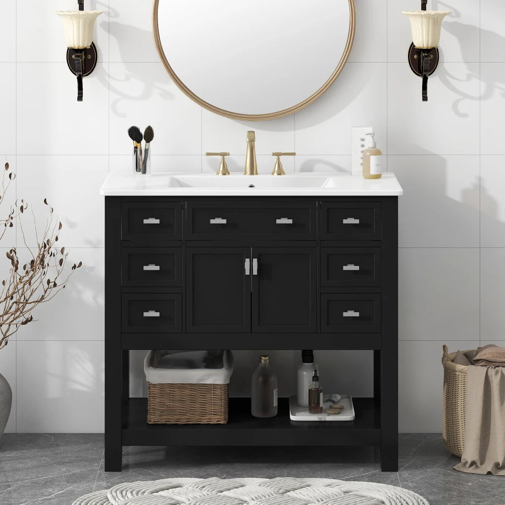 Modern 36'' Independent Bathroom Vanity w/Mounted Ceramic Sink