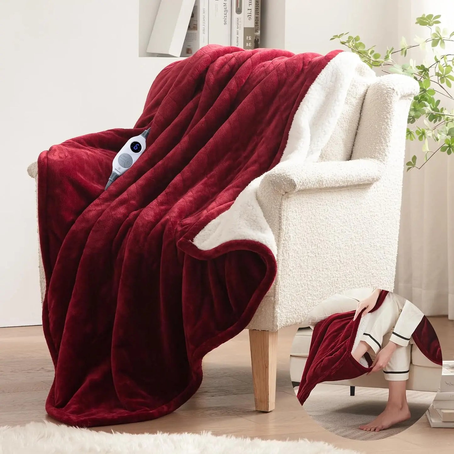 Decorative display of the cozy ambiance created with the Cozy Flannel Sherpa Electric Blanket.