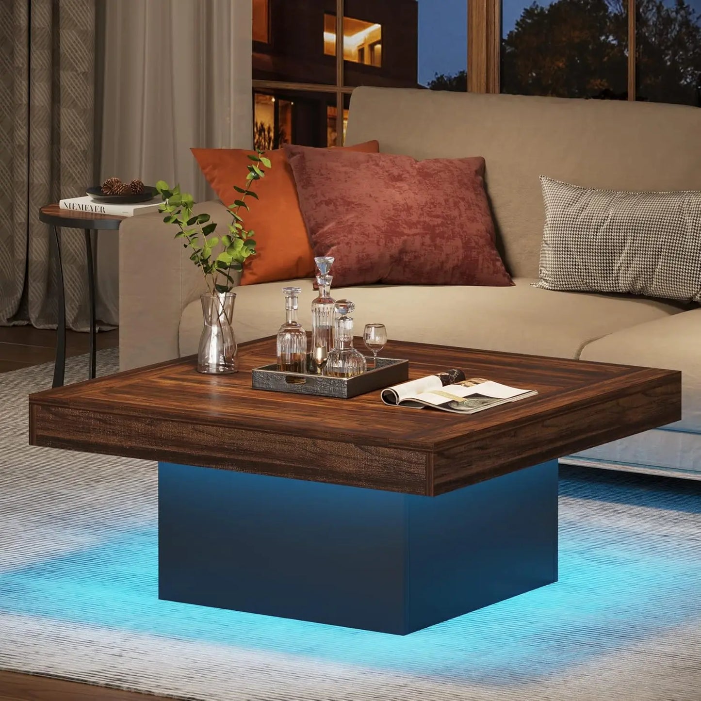 Farmhouse Style Square Coffee Table w/LED Lights