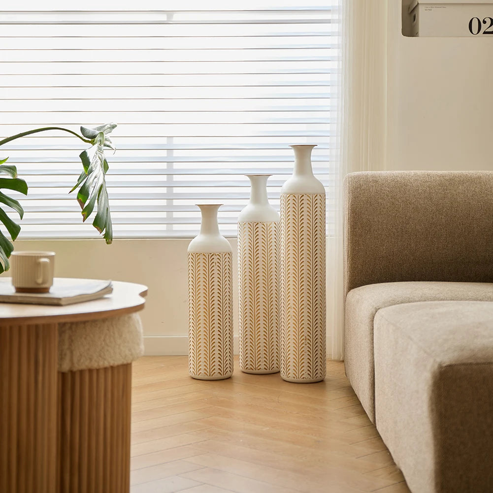 White Tall & Slender Metal Cylindrical Floor Vase~Set of 3