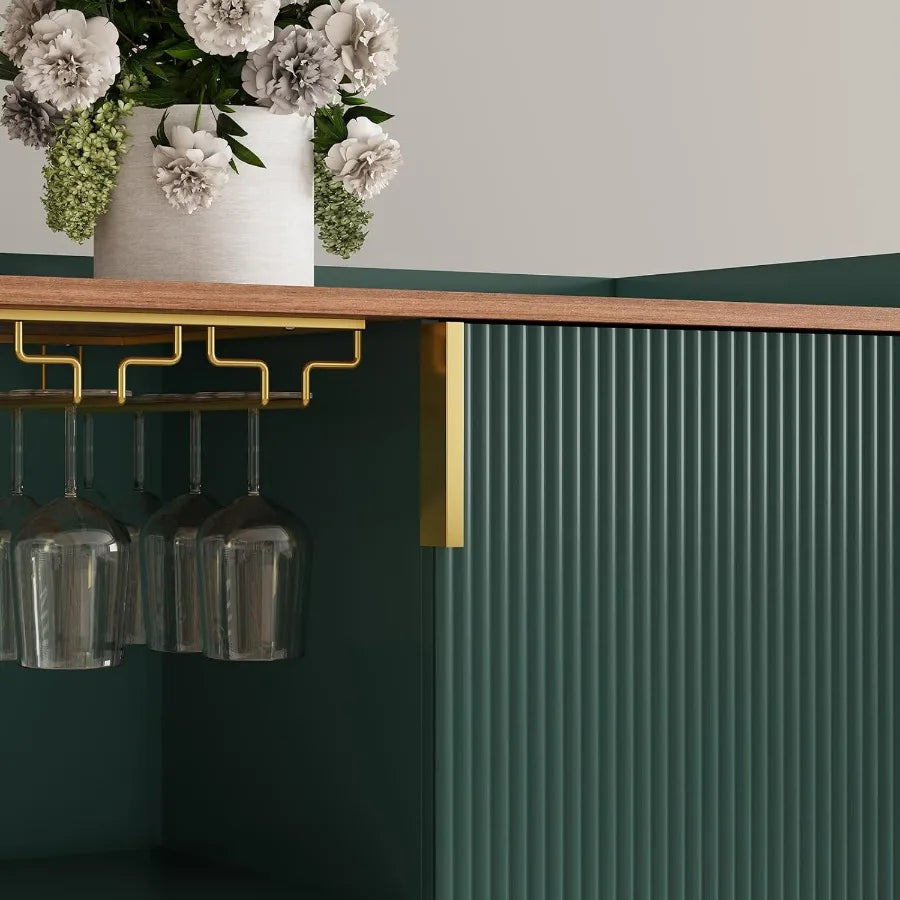 Modern Green Wine Bar Cabinet w/Fluted Texture