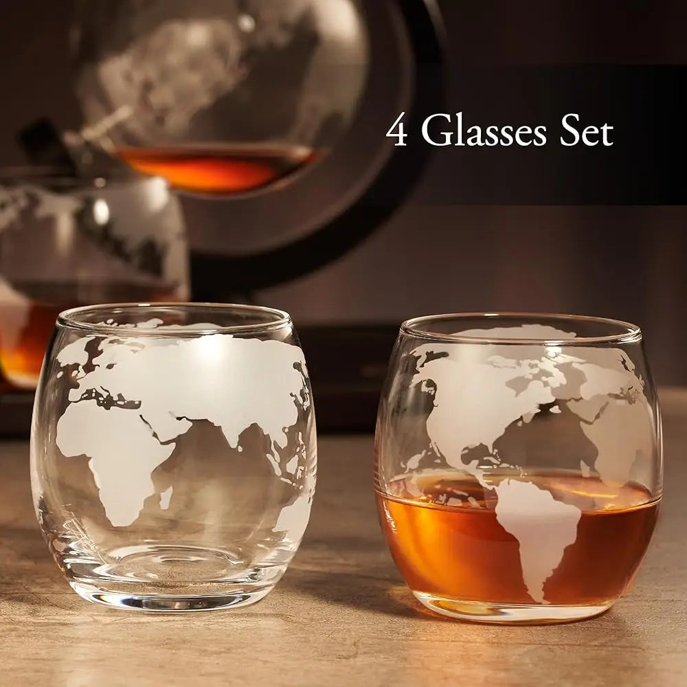 The Ship-in-a Bottle Globe Design Crystal Clear Whiskey Decanter Set w/4 Glasses