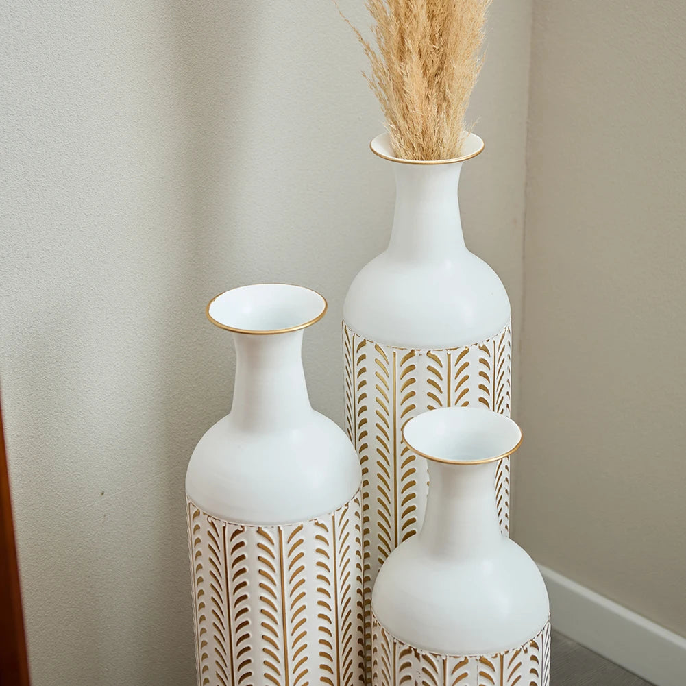 White Tall & Slender Metal Cylindrical Floor Vase~Set of 3