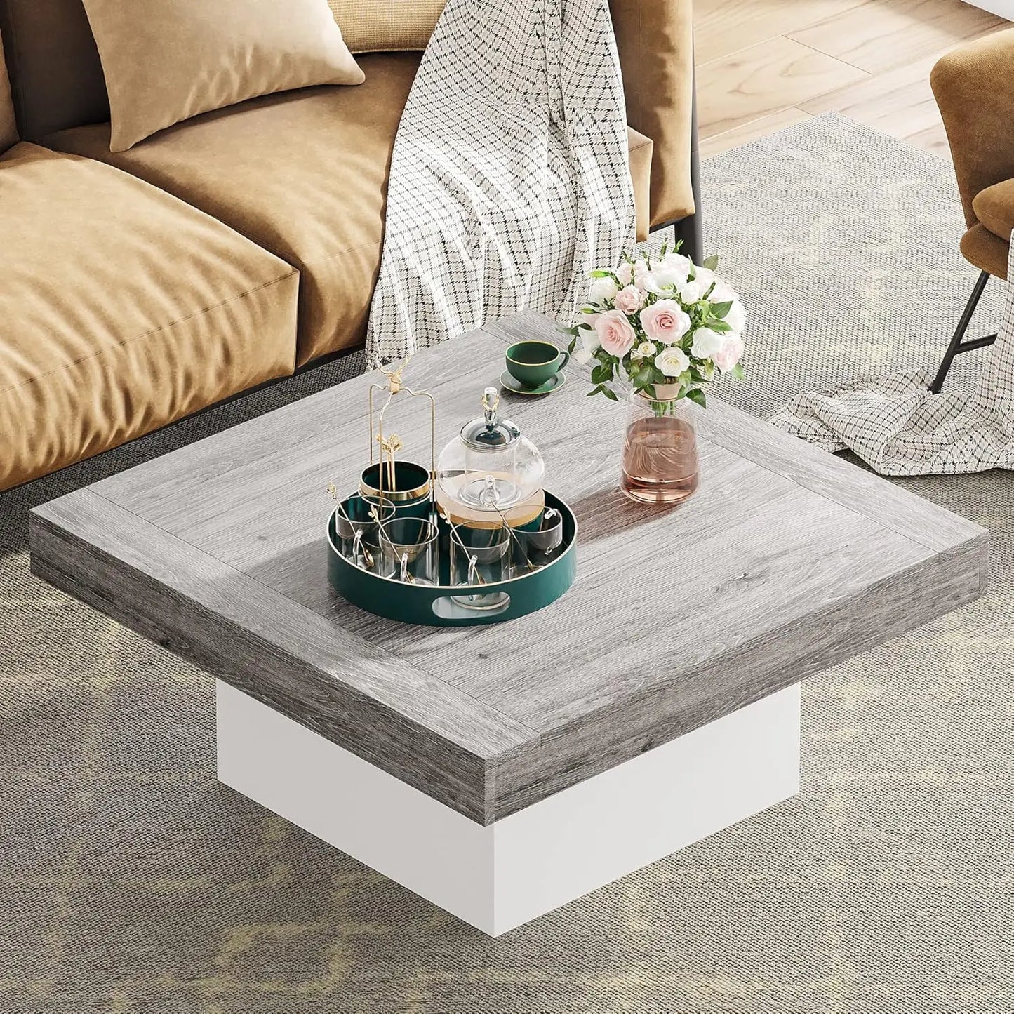Farmhouse Style Square Coffee Table w/LED Lights