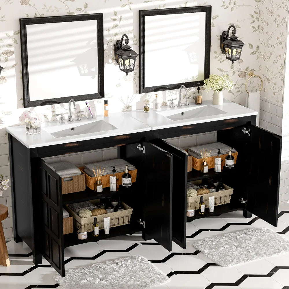 72" Bathroom Vanity Set with Double Vanities (Separate), Double Ceramic Sinks, Soft-Close Doors & Adjustable Shelf – Retro