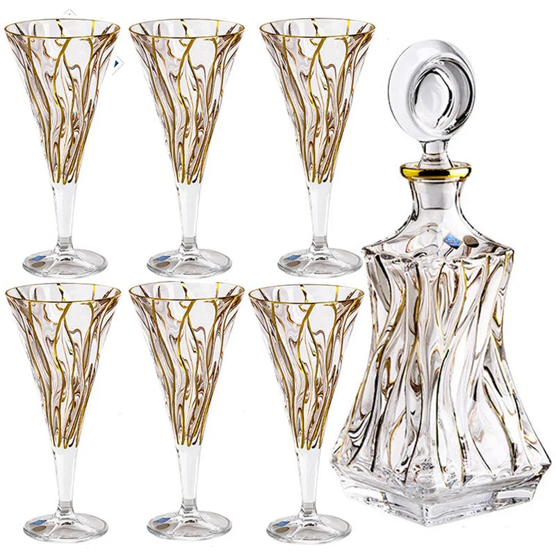 Crystal Glass Gold Traced Wine Decanter & Wine Glass Set