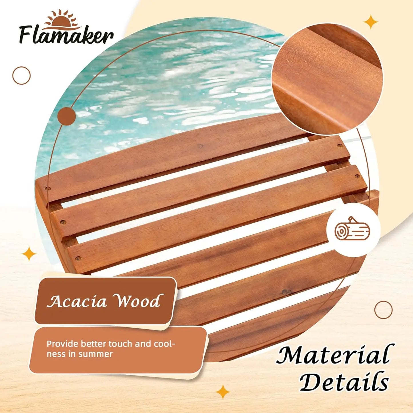 Modern Large Solid Acacia Wood Chaise Lounge Chair-Set of 2