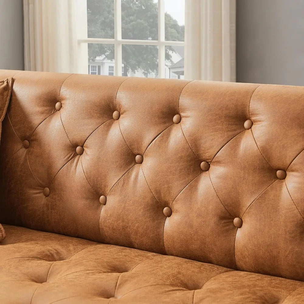 Versatile Mid-Century Modern Leather Tufted Sofa w/2 Throw Pillows