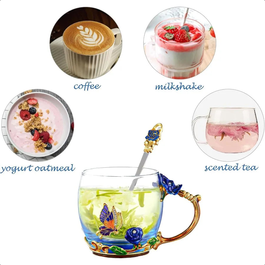 Fancy Butterfly & Rose Glass Tea Cup w/Spoon Gift Box