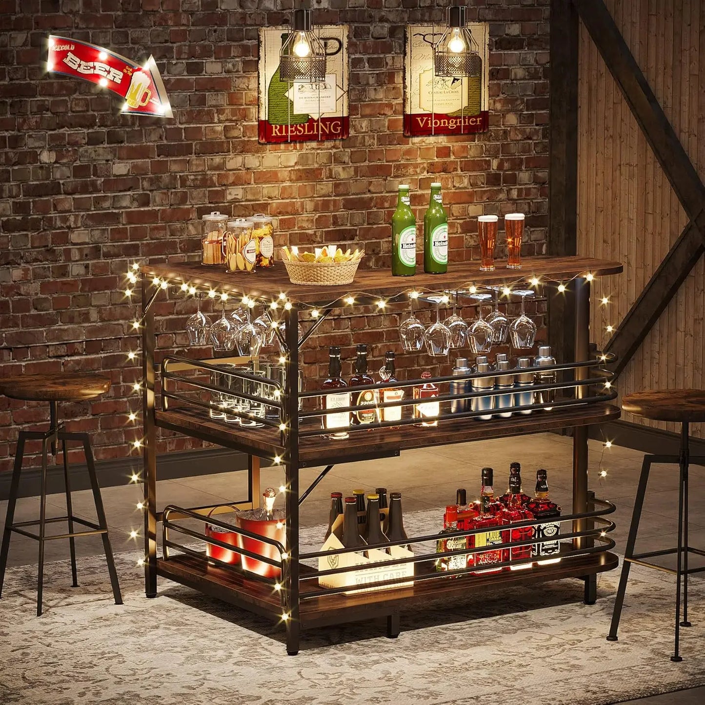 Industrial Liquor Bar Table for Home Pub/ L -Shaped Home Bar Unit