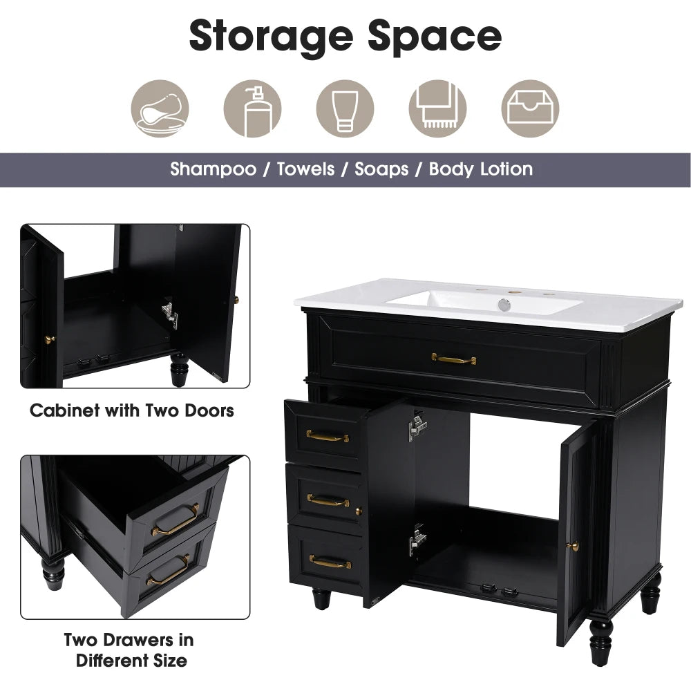 Freestanding 36" Black Bathroom Vanity w/Retro Gold Handles & Ceramic Sink