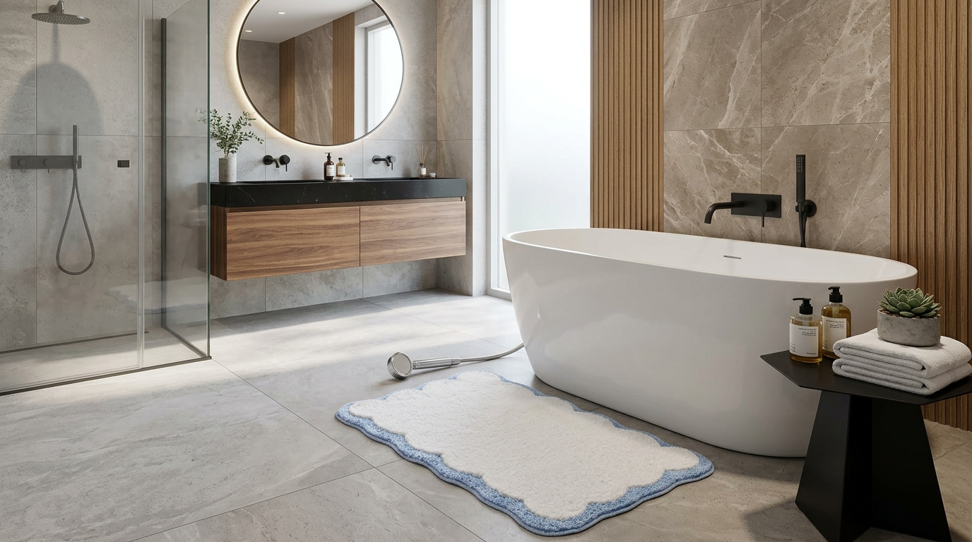 Stylish presentation of the 20 x 30 Cotton Bath Rug with easy care instructions for low-maintenance freshness