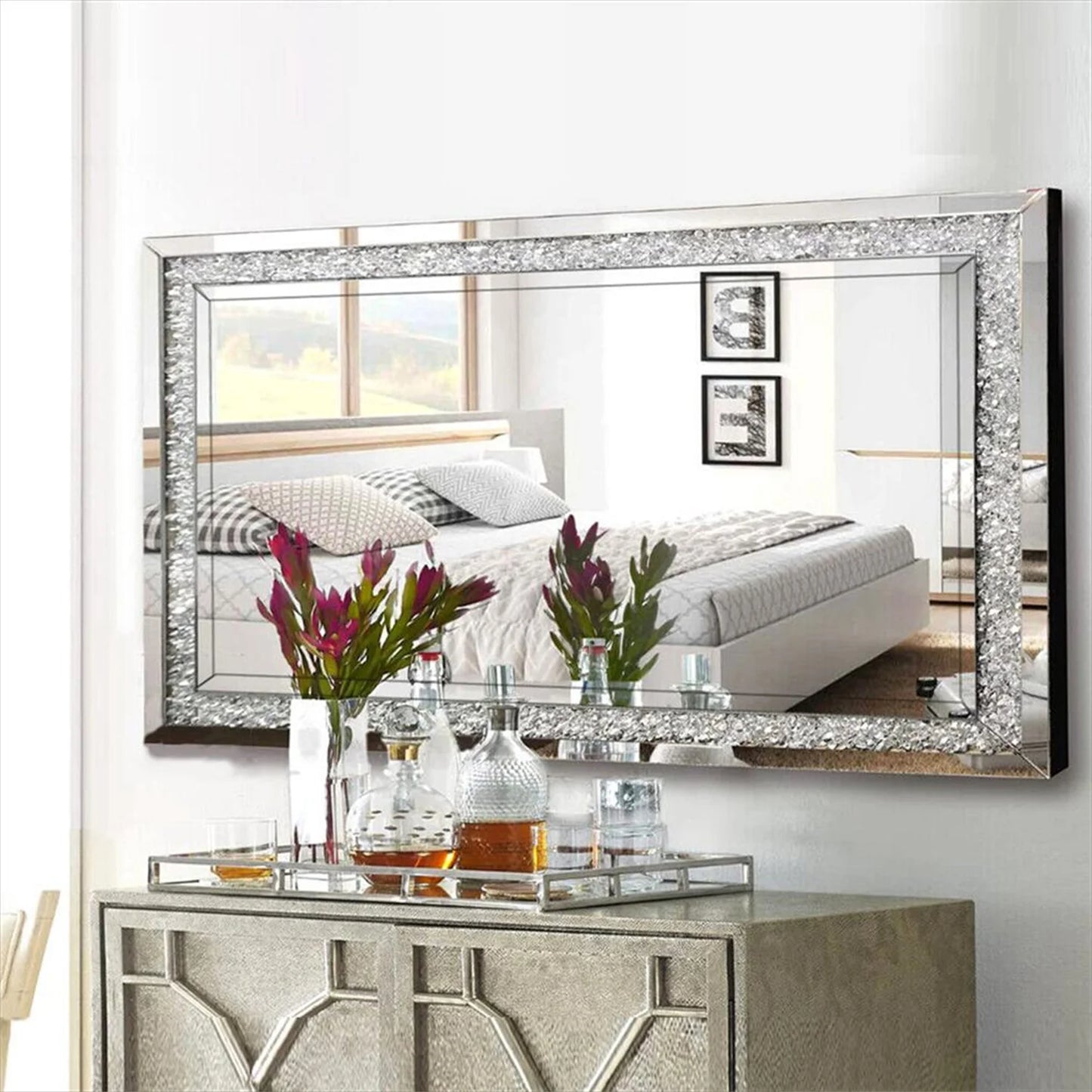 Modern Rectangular Crystal Crush Diamond Wall Mirror