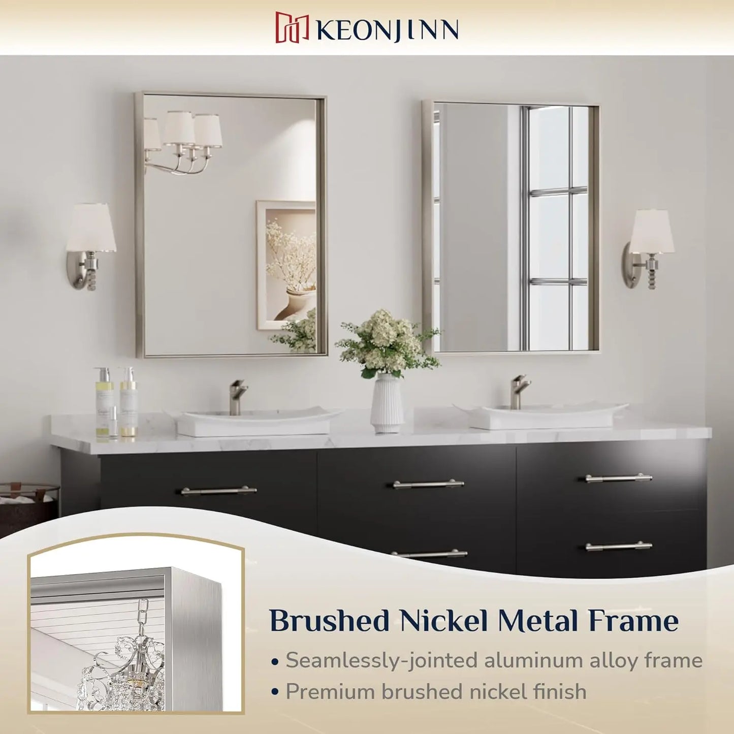 Modern Brushed Nickel Rectangular Bathroom Mirror