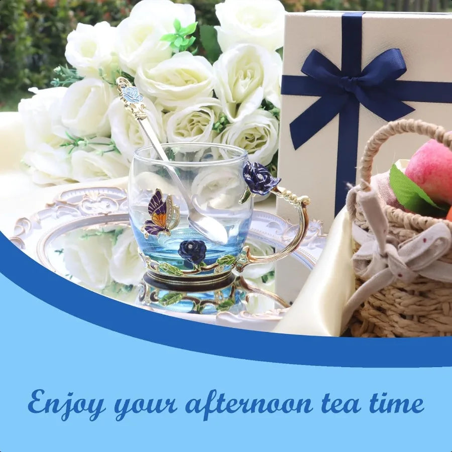 Fancy Butterfly & Rose Glass Tea Cup w/Spoon Gift Box