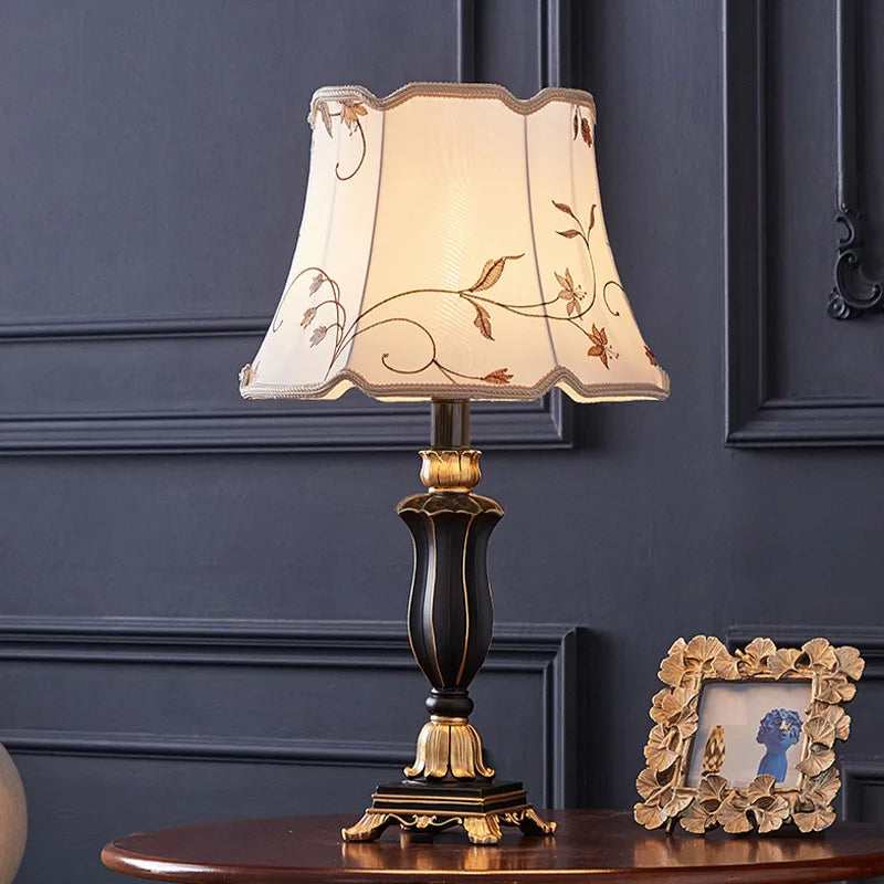 Traditional Elegant Fabric Shade Desk Lamp displayed on a nightstand, an elegant fabric shade lamp enhancing bedroom decor.