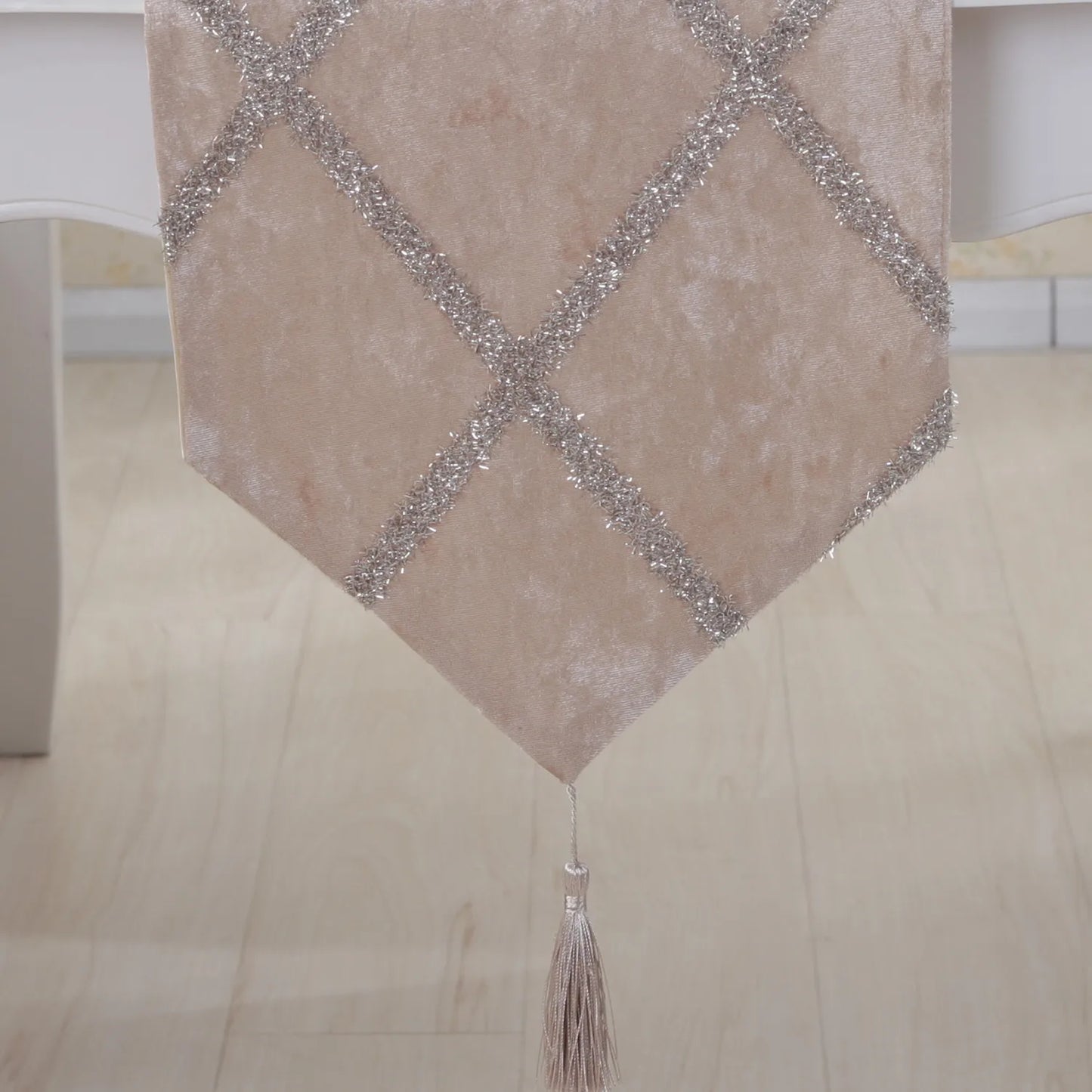 Long Strip Table Runner paired with dinnerware - Enhancing the dining experience with a quality long table runner.