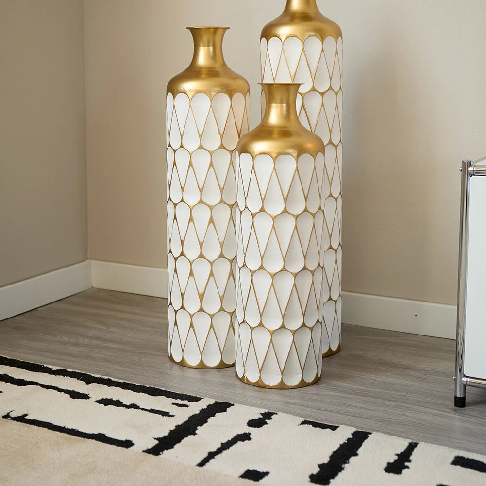 White Tall & Slender Metal Cylindrical Floor Vase~Set of 3