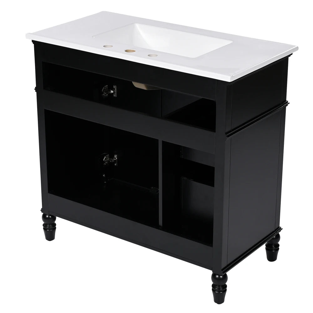 Freestanding 36" Black Bathroom Vanity w/Retro Gold Handles & Ceramic Sink