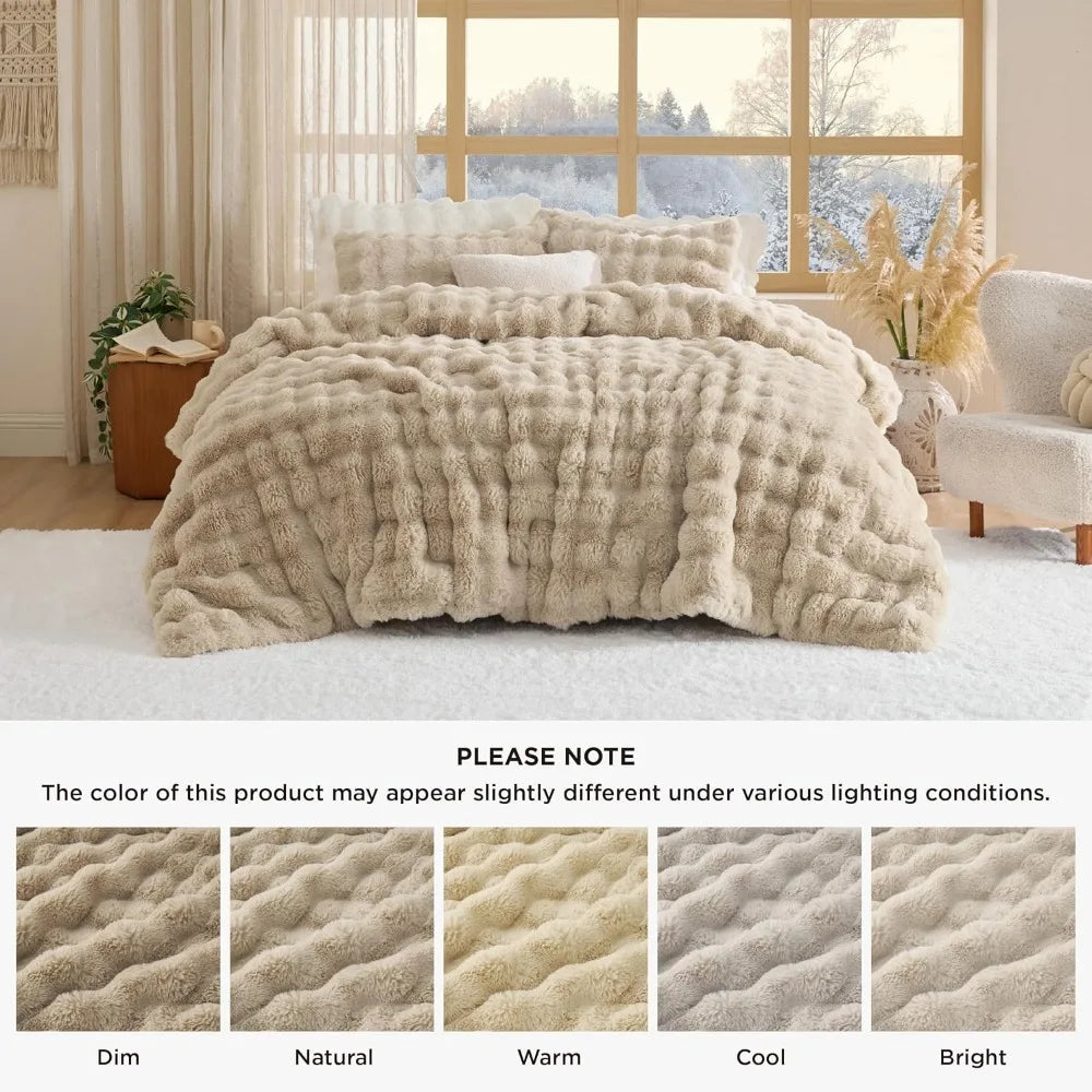 Plush & Fluffy Faux Rabbbit Fur Light Beige King Comforter Set