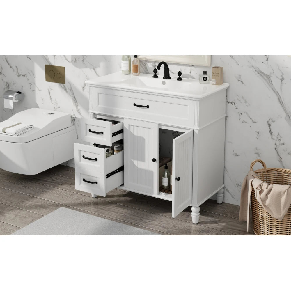 Freestanding 36" White Bathroom Vanity w/Ceramic Sink