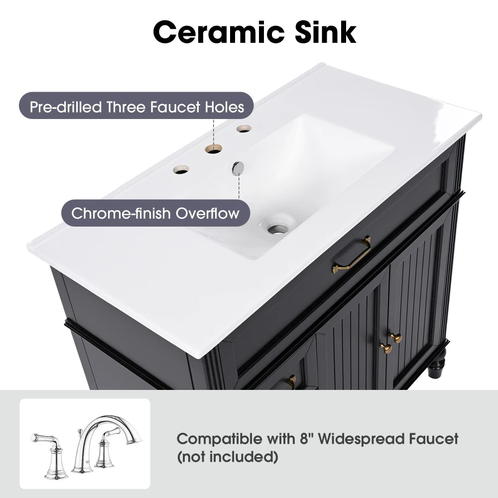 Freestanding 36" Black Bathroom Vanity w/Retro Gold Handles & Ceramic Sink