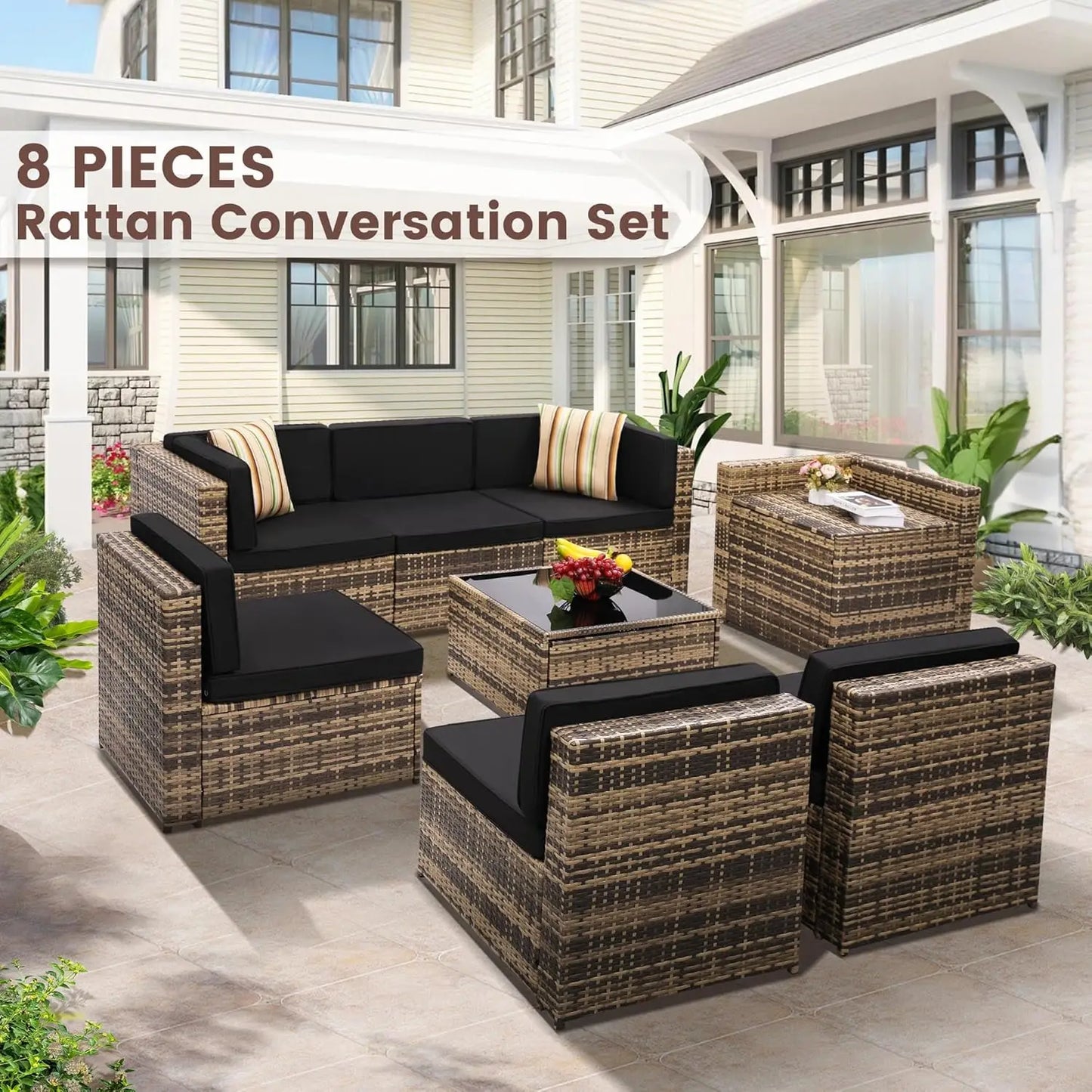 8-Piece Outdoor Wicker/Rattan Patio Conversation Set