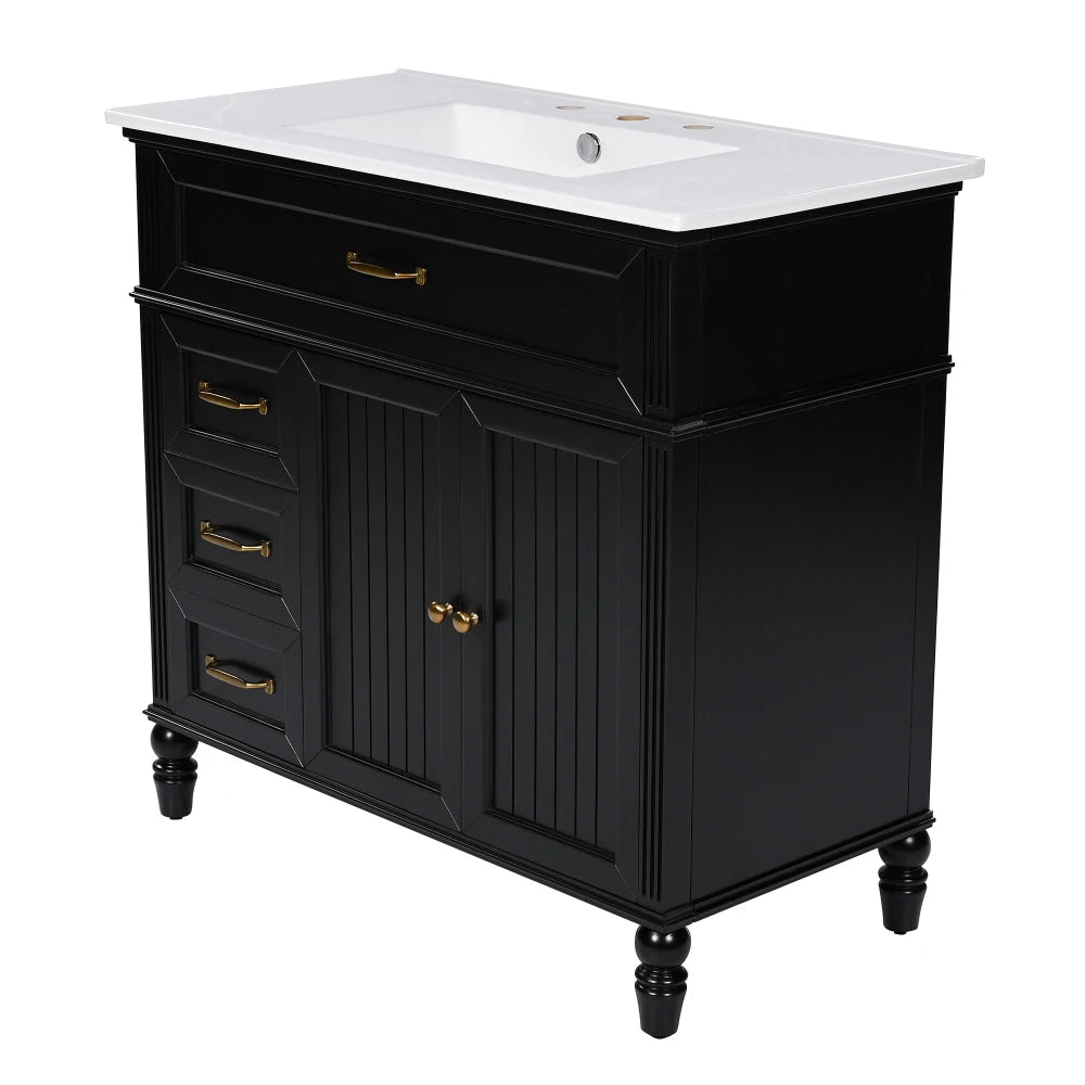 Freestanding 36" Black Bathroom Vanity w/Retro Gold Handles & Ceramic Sink