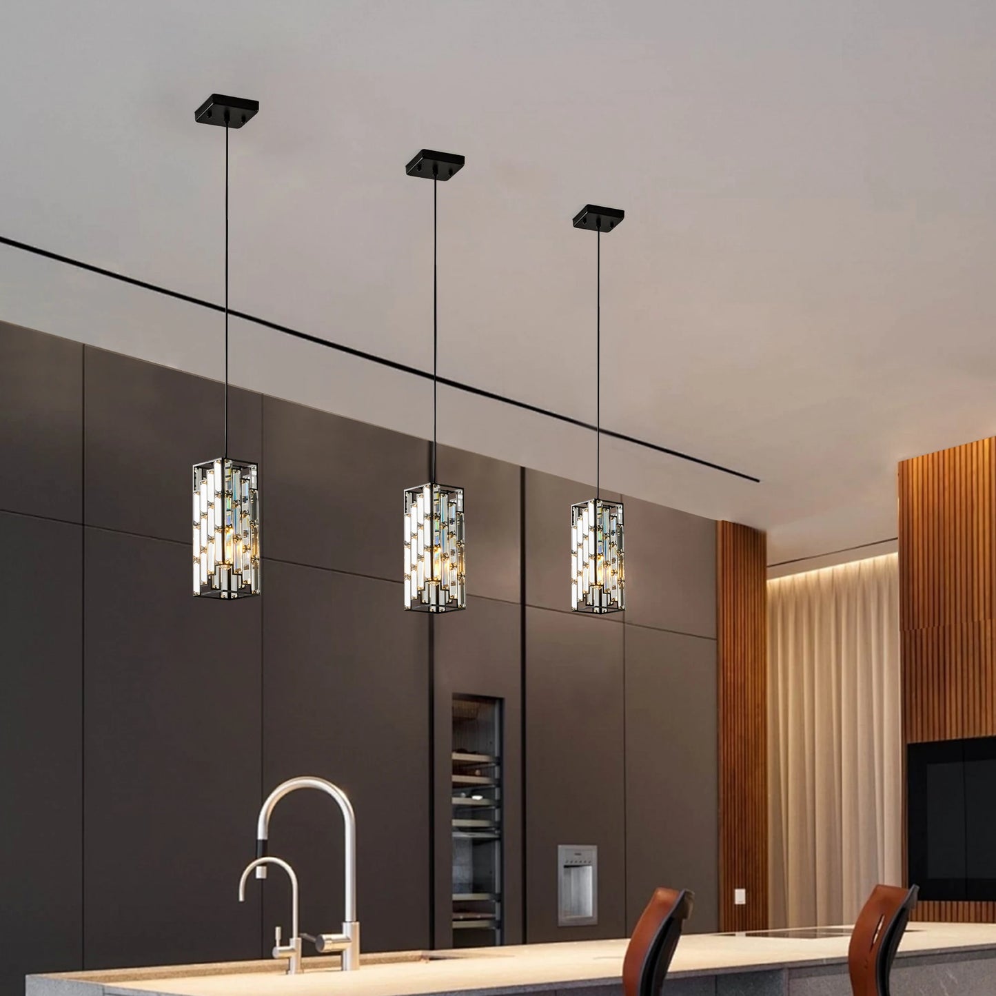 Modern Black Finish Crystal Pendant Light- Pack of 3