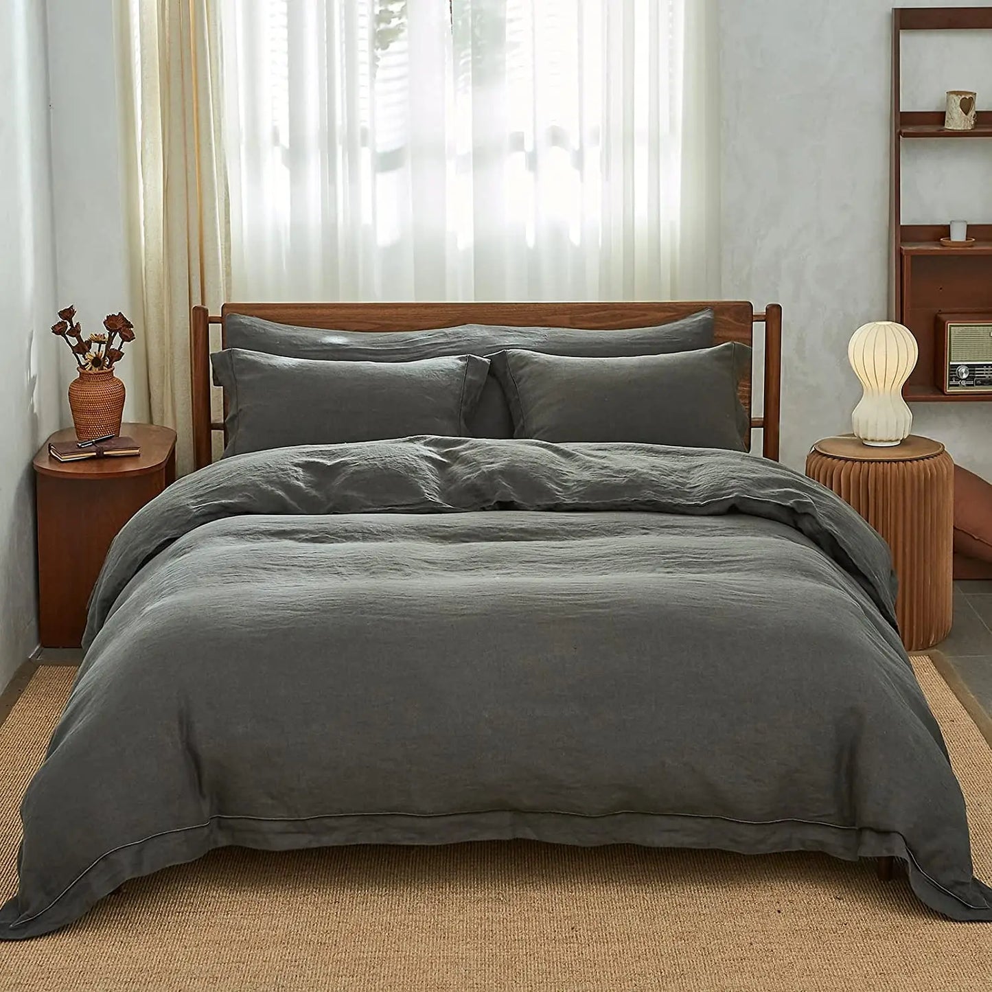 King & Queen Size 100% Linen Duvet Cover Bedding Set w/2 Pillow Shams