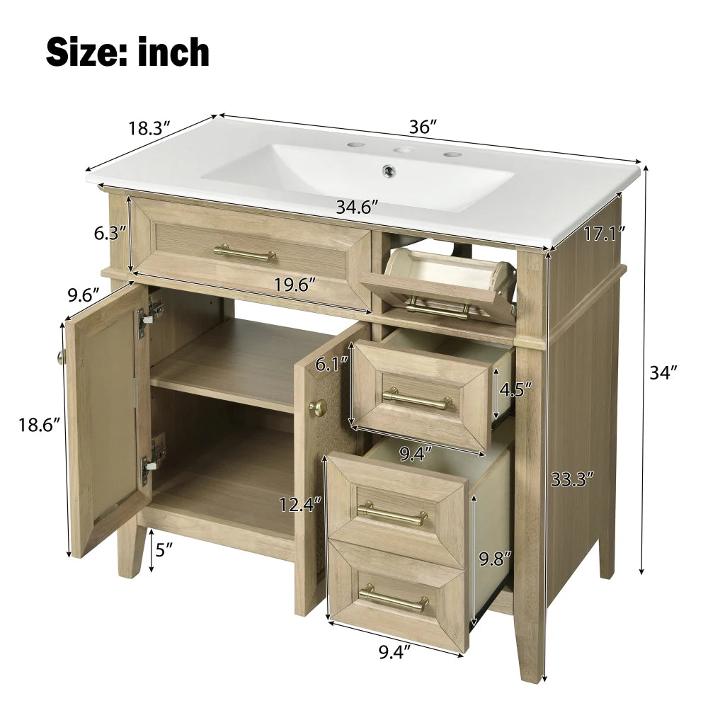 Classic & Elegant 36" Bathroom Vanity with Ceramic Sink