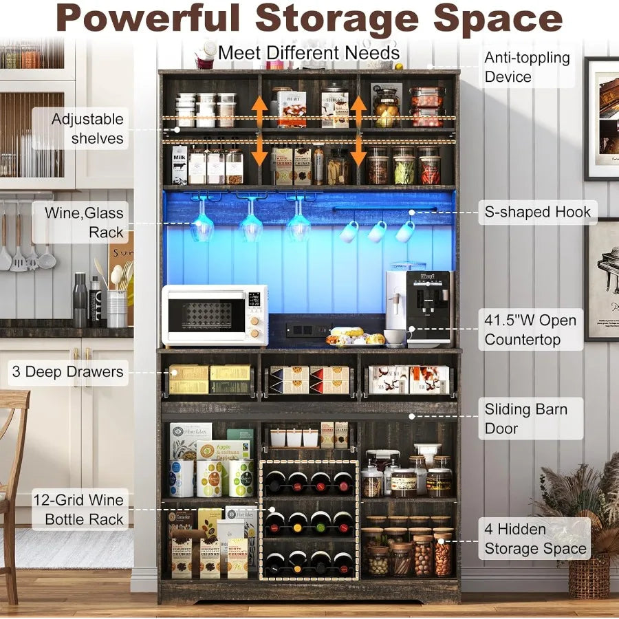 Farmhouse Coffee Bar Cabinet/Liquor Bar/Pantry Cabinet w/RGB Lights